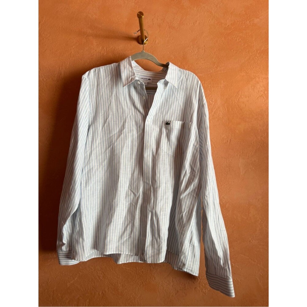 Lacoste Regular Fit Blue & White Striped Linen Button Down Shirt